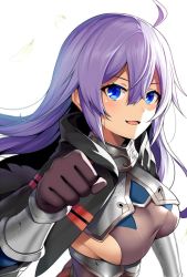 Rule 34 | 1girl, ahoge, armor, black capelet, blue eyes, bracer, brave girl ravens, breasts, brown gloves, capelet, clenched hand, crack, fist bump, gloves, hair between eyes, horosuke, large breasts, looking at viewer, purple hair, sideboob, simple background, smile, solo, upper body, white background