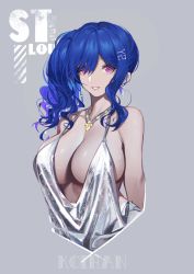 Rule 34 | 1girl, absurdres, arms behind back, azur lane, bare shoulders, blue hair, breasts, cleavage, dress, earrings, evening gown, grey background, hair between eyes, halter dress, halterneck, highres, jewelry, koi han, large breasts, long hair, looking at viewer, necklace, pink eyes, revealing clothes, sidelocks, silver dress, smile, st. louis (azur lane), st. louis (luxurious wheels) (azur lane), updo, upper body