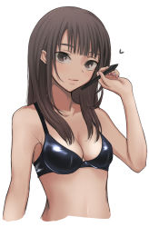 Rule 34 | 1girl, bare shoulders, black bra, bra, breasts, brown eyes, brown hair, cleavage, closed mouth, cropped torso, hand up, heart, highres, holding, holding stylus, lips, long hair, looking at viewer, original, sidelocks, simple background, small breasts, solo, stylus, tonari no kishida, underwear, upper body, white background