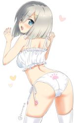 Rule 34 | 1girl, ass, blue eyes, bra, breasts, cat lingerie, frilled bra, frills, from behind, hair ornament, hair over one eye, hairclip, hamakaze (kancolle), kantai collection, kujira naoto, looking at viewer, looking back, medium breasts, meme attire, open mouth, panties, paw print, short hair, side-tie panties, silver hair, simple background, solo, standing, thighhighs, twitter username, underwear, underwear only, white background, white bra, white panties, white thighhighs
