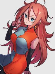 Rule 34 | 1girl, ahoge, android 21, black nails, blue eyes, breasts, checkered clothes, checkered dress, dragon ball, dress, earrings, fingernails, glasses, hair between eyes, hoop earrings, jewelry, kemachiku, long hair, looking at viewer, medium breasts, nail polish, red hair, simple background, solo