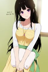 Rule 34 | 1girl, alternate costume, artist logo, bag, blurry, blurry background, breasts, brown hair, chitanda eru, closed mouth, collarbone, dress, highres, holding, holding bag, holding pillow, hyouka, indoors, jewelry, korean text, large breasts, long hair, long sleeves, looking at viewer, mery (yangmalgage), necklace, pillow, purple eyes, shirt, sleeveless, sleeveless dress, smile, solo, translation request, v arms, window, yellow dress