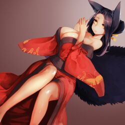 Rule 34 | 1girl, absurdres, animal ears, arms up, bare legs, bare shoulders, bbolalus, black hair, black kimono, breasts, cleavage, clothes pull, empty eyes, expressionless, feet out of frame, female focus, fingers together, fox ears, fox girl, fox tail, gradient background, hair bun, hair ornament, highres, japanese clothes, kimono, kimono pull, large breasts, light smile, long hair, looking at viewer, no pupils, own hands together, print kimono, red background, red kimono, sewayaki kitsune no senko-san, simple background, sitting, smile, solo, sora (sewayaki kitsune no senko-san), tail, two-tone kimono, wide sleeves, yellow eyes