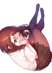 Rule 34 | 10s, 1girl, blush, boku no hero academia, brown eyes, brown hair, commentary request, covering own mouth, eyebrows, full body, loafers, looking at viewer, own hands together, pantyhose, pleated skirt, ryota (ry o ta), school uniform, shoes, short hair, short sleeves, simple background, skirt, solo, uraraka ochako, white background