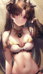 Rule 34 | 1girl, arm at side, armlet, asymmetrical sleeves, bare shoulders, black hair, blush, breasts, commentary, crown, detached collar, earrings, elbow gloves, fate/grand order, fate (series), gloves, hair ribbon, hand in own hair, head tilt, highres, hoop earrings, ishtar (fate), jewelry, light particles, long hair, looking at viewer, medium breasts, motokonut, navel, parted bangs, red eyes, ribbon, single elbow glove, solo, stomach, two side up, uneven sleeves