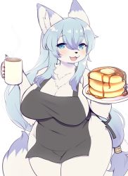 Rule 34 | 1girl, animal ear fluff, animal ears, apron, blue eyes, blue hair, blush, borrowed character, breasts, butter, cleavage, crunchobar, cup, fang, food, fox ears, fox girl, fox tail, furry, furry female, highres, large breasts, light blue hair, mug, multicolored hair, naked apron, open mouth, original, pancake, plate, plump, sidelocks, solo, tail, thick thighs, thighs, wide hips