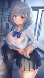 Rule 34 | 1girl, :o, bag, black bra, black skirt, blouse, blue bow, blue bowtie, blunt bangs, blush, bookbag, bow, bowtie, bra, bra visible through clothes, braid, breasts, cleavage, collarbone, collared shirt, cowboy shot, dutch angle, green eyes, highres, hololive, indoors, lace, lace bra, large breasts, locker, long hair, long sleeves, looking at viewer, loose bowtie, makamati, midriff, miniskirt, open mouth, parted hair, partially unbuttoned, plaid, plaid skirt, rain, school uniform, see-through, see-through shirt, shirogane noel, shirogane noel (school uniform), shirt, short hair, skirt, sleeves rolled up, solo, thick thighs, thighs, underwear, virtual youtuber, wet, wet clothes, wet shirt, white shirt, wringing clothes