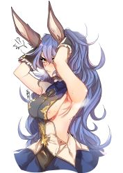 Rule 34 | !?, 1girl, absurdres, animal ears, armpit crease, armpits, arms up, bad id, bad pixiv id, black gloves, blue hair, blush, breasts, breath, closed mouth, covered erect nipples, dress, erune, ferry (granblue fantasy), frilled gloves, frills, from side, gloves, granblue fantasy, hair between eyes, highres, long hair, medium breasts, nipples, roas01b, short dress, sideboob, simple background, sleeveless, sleeveless dress, solo, steam, steaming body, sweat, sweatdrop, turtleneck, turtleneck dress, upper body, white background, yellow eyes