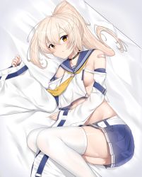 Rule 34 | 1girl, ayanami (azur lane), azur lane, bandaid, bandaid on arm, belt, black choker, blonde hair, blue skirt, blush, breasts, brown eyes, choker, closed mouth, commentary request, covered erect nipples, detached sleeves, expressionless, hair between eyes, highres, indoors, legs together, long hair, lying, neckerchief, no bra, on side, pleated skirt, ponytail, revealing clothes, ribbon-trimmed sleeves, ribbon trim, school uniform, serafuku, sideboob, skirt, small breasts, solo, thighhighs, white belt, white thighhighs, wide sleeves, yellow neckerchief