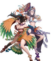Rule 34 | 2girls, armpits, bare shoulders, breasts, brown hair, cleavage, closed mouth, crop top, detached sleeves, ekao, feathers, fire emblem, fire emblem fates, fire emblem heroes, geta, hair over one eye, hand fan, hand up, highres, holding, japanese clothes, jewelry, kagero (fire emblem), kimono, large breasts, legs, long hair, midriff, multiple girls, navel, necklace, nintendo, non-web source, obi, official art, orochi (fire emblem), ponytail, purple eyes, purple hair, red eyes, sandals, sash, short kimono, side slit, skirt, smile, stomach, toeless footwear, toenails, toes, transparent background, wide sleeves