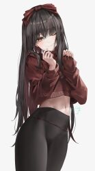 Rule 34 | 1girl, ;), black hair, black pants, bow, brown eyes, brown hair, brown sweater, closed mouth, commentary request, crop top, crop top overhang, grey background, groin, hair bow, highres, leggings, long hair, long sleeves, looking at viewer, midriff, multicolored hair, navel, one eye closed, original, pants, puffy long sleeves, puffy sleeves, red bow, red shirt, ruda (ruda e), shirt, signature, simple background, sleeves past wrists, smile, solo, stomach, sweater, two-tone hair, very long hair