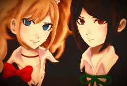 Rule 34 | 2girls, artist request, bear hair ornament, black background, black hair, blue eyes, bow, breasts, choker, cleavage, collarbone, collared shirt, danganronpa (series), enoshima junko, eyebrows, eyebrows hidden by hair, eyelashes, film grain, frown, green neckwear, hair ornament, highres, ikusaba mukuro, long eyelashes, looking at viewer, multiple girls, neck ribbon, red bow, red eyes, ribbon, shirt, siblings, simple background, sisters, smile, twins, twintails, upper body