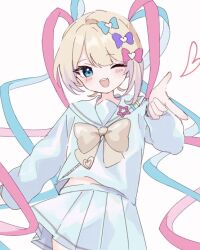 Rule 34 | 1girl, ;d, blonde hair, blue bow, blue eyes, blue hair, blue serafuku, blue shirt, blue skirt, blush, bow, chouzetsusaikawa tenshi-chan, hair bow, hair ornament, hand up, heart, heart hair ornament, index finger raised, kabe (zp66104), long hair, long sleeves, looking at viewer, midriff peek, multicolored hair, multiple hair bows, needy girl overdose, one eye closed, open mouth, pink bow, pink hair, pleated skirt, purple bow, quad tails, school uniform, serafuku, shirt, skirt, smile, solo, very long hair, white background, yellow bow