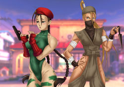 Rule 34 | 2girls, ahoge, alternate hairstyle, amenoosa, ankle wrap, antenna hair, armor, bandaged arm, bandages, bandana, bare arms, bare legs, bare shoulders, beret, black hair, blonde hair, blue eyes, blurry, blurry background, blush, bodypaint, braid, breasts, brown eyes, cammy white, cammy white (cosplay), camouflage, capcom, cosplay, costume switch, covered mouth, cowboy shot, fingerless gloves, gauntlets, gloves, green leotard, gun, hairstyle switch, hand up, hat, high ponytail, highleg, highleg leotard, hip vent, holding, holding weapon, ibuki (street fighter), ibuki (street fighter) (cosplay), japanese armor, kote, kunai, leotard, long hair, looking at another, looking at object, mask, medium breasts, mouth mask, multiple girls, ninja, open mouth, pants, ponytail, red gloves, red headwear, scar, scar on face, sidelocks, sleeveless, street fighter, thighs, thong leotard, toned, twin braids, very long hair, weapon