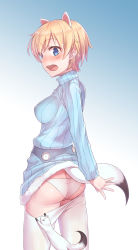 Rule 34 | 10s, 1girl, animal ears, ass, blonde hair, blue eyes, blush, brave witches, breasts, butt crack, clothes pull, covered erect nipples, ermine, ermine ears, gradient background, highres, konnyaku (kk-monmon), looking back, nikka edvardine katajainen, open mouth, panties, pantyhose, pantyhose pull, short hair, solo, sweater, tail, turtleneck, turtleneck sweater, underwear, weasel, weasel tail, white panties, white pantyhose, world witches series