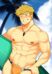 Rule 34 | 1boy, absurdres, bara, blonde hair, blush, bulge, fujimachine (clayten), granblue fantasy, green eyes, highres, large pectorals, looking at viewer, male focus, male pubic hair, male swimwear, male swimwear pull, muscular, orange male swimwear, orange swim briefs, pectorals, pubic hair, pulled by self, smile, solo, surfboard, swim briefs, swim briefs pull, swimsuit, toned, toned male, vane (granblue fantasy), whistle, whistle around neck