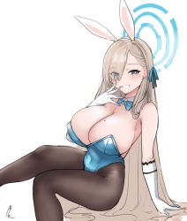 Rule 34 | 1girl, animal ears, asuna (blue archive), asuna (bunny) (blue archive), berserkert, black pantyhose, blue archive, blue eyes, bow, bowtie, breasts, brown hair, eyes visible through hair, fake animal ears, gloves, hair over one eye, hair ribbon, highres, large breasts, leotard, long hair, mole, mole on breast, pantyhose, playboy bunny, rabbit ears, ribbon, smile, solo, traditional bowtie, white gloves