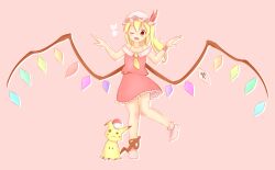 Rule 34 | 1girl, adapted costume, blonde hair, bobby socks, collarbone, creatures (company), eighth note, flandre scarlet, frilled skirt, frills, full body, game freak, gen 7 pokemon, hair between eyes, hat, head tilt, laevatein (touhou), long hair, looking at viewer, mimikyu, mob cap, multicolored wings, musical note, nintendo, no shoes, off-shoulder shirt, off shoulder, one eye closed, one side up, pink background, poke ball, pokemon, pokemon (creature), red shirt, red skirt, shibiria, shirt, simple background, skirt, socks, standing, standing on one leg, touhou, white hat, white socks, wings, wrist cuffs