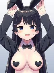 Rule 34 | 1girl, :d, animal ears, arms up, black bow, black bowtie, black hair, black hairband, blue eyes, blush, bow, bowtie, braid, breasts, collar, commentary request, commission, detached collar, fake animal ears, grey background, hair ornament, hairband, hairclip, heart pasties, highres, long hair, looking at viewer, medium breasts, meme attire, nijisanji, open mouth, pasties, pixiv commission, rabbit ears, reverse bunnysuit, reverse outfit, simple background, smile, solo, sweat, tsukino mito, tsunaso (lack of sunlight), upper body, very long hair, virtual youtuber, white collar, wing collar