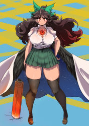 Rule 34 | 1girl, arm cannon, bird wings, black hair, black wings, blush, bow, breasts, cape, cleavage, collared shirt, control rod, curvy, enajii, frilled skirt, frills, green bow, green skirt, hair bow, highres, huge breasts, large breasts, long hair, looking at viewer, red eyes, reiuji utsuho, shirt, shoes, single shoe, skirt, smile, solo, standing, starry sky print, thick thighs, thighs, third eye, touhou, weapon, white cape, white shirt, wings