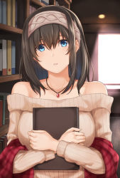 Rule 34 | 1girl, beige sweater, black hair, blue eyes, book, bookshelf, breasts, collarbone, commentary request, hair between eyes, hairband, highres, holding, holding book, idolmaster, idolmaster cinderella girls, indoors, jewelry, large breasts, long hair, looking at viewer, necklace, off-shoulder, off-shoulder sweater, off shoulder, parted lips, pendant, ribbed sweater, sagisawa fumika, shawl, solo, sweater, terry (pixiv3274443)