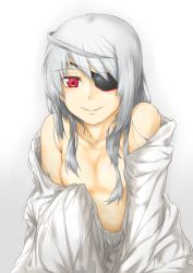 Rule 34 | 10s, 1girl, ahoge, bad id, bad pixiv id, bare shoulders, breasts, censored, eyepatch, hair censor, hair over breasts, highres, infinite stratos, laura bodewig, long hair, censored nipples, no bra, off shoulder, red eyes, sensei (hitagi3594), silver hair, small breasts, smile, solo