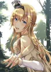 Rule 34 | 1girl, blonde hair, blue eyes, blush, braid, breasts, crown, dress, floral background, forest, french braid, hair between eyes, hairband, kantai collection, kuurunaitsu, large breasts, long hair, long sleeves, looking at viewer, mini crown, nature, off-shoulder dress, off shoulder, open mouth, smile, solo, sunlight, warspite (kancolle), white dress