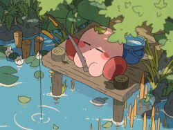 Rule 34 | :o, blush, blush stickers, branch, bucket, bucket of water, closed eyes, closed mouth, commentary request, day, dock, fishing, fishing rod, flower, grass, harukui, highres, holding, holding fishing rod, kirby, kirby (series), leaf, lily pad, moss, nintendo, no humans, outdoors, plant, pond, rock, shadow, sitting, solo, tree, water, water lily flower, white flower