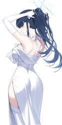 Rule 34 | 1girl, absurdres, arms behind head, ass, black hair, blue archive, blue eyes, breasts, dress, elbow gloves, from behind, gloves, half-closed eyes, halo, highres, large breasts, looking at viewer, looking back, ribbon, saori (blue archive), saori (dress) (blue archive), sbgu, seductive gaze, sideboob, solo, thighhighs, three quarter view, tying hair, white dress, white ribbon, white thighhighs