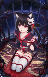 Rule 34 | 7t, absurdres, animal ear fluff, animal ears, arms behind back, azur lane, bdsm, black hair, bondage, bound, bound arms, bound legs, breasts, cage, cat ears, cat girl, cat tail, chinese commentary, collarbone, commentary request, cushion, dutch angle, from above, full body, highres, in cage, japanese clothes, kimono, kneeling, large breasts, looking at viewer, looking up, mask, mask on head, obi, obijime, open mouth, petals, plant, red eyes, red rope, rope, sash, seiza, shibari, short hair, short kimono, sideboob, sitting, sleeveless, sleeveless kimono, solo, tail, thick eyebrows, thighhighs, thorns, vines, white thighhighs, yamashiro (azur lane)