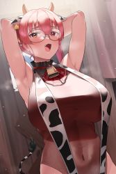 Rule 34 | 1girl, :d, animal ears, animal print, armpits, arms behind head, arms up, arrow through heart, ascot, bare arms, bell, bespectacled, black-framed eyewear, blush, breasts, breath, brown leotard, character name, commentary request, covered navel, cow ears, cow horns, cow print, cow tail, cowbell, ear tag, fang, frikulu, glasses, hair between eyes, hair ribbon, half-closed eyes, heterochromia, highres, hololive, horns, houshou marine, huge breasts, leotard, leotard under clothes, long hair, looking at viewer, neck bell, open mouth, pink hair, red ascot, red eyes, red ribbon, ribbon, round eyewear, slingshot swimsuit, smile, solo, standing, steam, sweat, swimsuit, tail, taut clothes, twintails, virtual youtuber, yellow eyes
