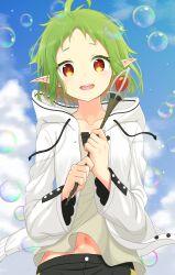 Rule 34 | 1girl, ahoge, blue sky, blurry, blurry background, blush, casual, cloud, collarbone, commentary, day, depth of field, elf, floating clothes, green hair, hands up, happy, highres, holding, holding wand, hood, hooded jacket, jacket, long sleeves, looking at viewer, mochimugi rice, mushoku tensei, navel, open clothes, open jacket, open mouth, orange hair, outdoors, pointy ears, short hair, sky, smile, soap bubbles, solo, spiked hair, straight-on, sylphiette (mushoku tensei), tareme, teeth, upper body, upper teeth only, wand, white jacket, wide sleeves