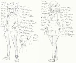 Rule 34 | 2girls, animal hat, arrow (symbol), blazer, breasts, cat hat, character name, character profile, curvy, english text, frown, full body, ge-b, glaring, greyscale, hand in pocket, hat, highres, jacket, large breasts, loafers, long hair, long sideburns, monochrome, multiple girls, original, over-kneehighs, pantyhose, ponytail, school uniform, shoes, sideburns, simple background, sketch, sneakers, socks, sparkle, text focus, thighhighs, track jacket, traditional media, walking, white background, yellow background, zettai ryouiki