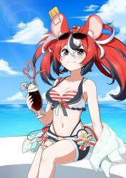 Rule 34 | 1girl, absurdres, animal ears, belt, bikini, blue eyes, breasts, cleavage, cup, drinking glass, drinking straw, eyewear on head, feet out of frame, hakos baelz, highres, hololive, hololive english, hololive summer 2023 swimsuit, iced coffee, legs, medium breasts, mouse ears, mouse tail, mr. squeaks (hakos baelz), multicolored hair, navel, red hair, short shorts, shorts, sitting, smile, snowmya, streaked hair, striped bikini, striped clothes, sunglasses, swimsuit, tail, twintails, virtual youtuber