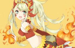 Rule 34 | 1girl, :d, bad id, bad pixiv id, bangle, bare shoulders, blonde hair, blue eyes, bracelet, crop top, echidna (p&amp;d), fire, hsiao, jewelry, lamia, long hair, lots of jewelry, monster girl, open mouth, puzzle &amp; dragons, smile, solo