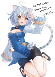 Rule 34 | 1girl, :d, ahoge, animal ears, bell, bike shorts, black footwear, black shorts, blue dress, blush, breasts, cat ears, cat girl, cat tail, china dress, chinese clothes, commission, covered navel, dress, fang, hair between eyes, highres, izumi kei, jumping, legs together, long sleeves, long tail, looking at viewer, medium breasts, neck bell, open mouth, original, pleated sleeves, short hair, shorts, silver hair, simple background, skeb commission, smile, solo, tail, watermark, white background, yellow eyes