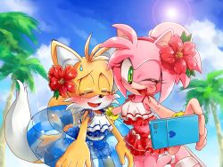 Rule 34 | 1boy, 1girl, ;d, alternate costume, alternate hairstyle, amy rose, animal ears, animal nose, bare shoulders, bikini, bikini skirt, blonde hair, blue ribbon, blue sky, blush, bracelet, breasts, cloud, cloudy sky, commentary request, crossdressing, day, fang, flower, fox boy, fox ears, fox tail, frilled bikini, frills, furry, furry female, furry male, green eyes, hair flower, hair ornament, hairband, hand up, happy, heart, hibiscus, holding, innertube, jewelry, lens flare, looking at phone, looking at viewer, medium breasts, midriff, misuta710, multiple tails, navel, one eye closed, open mouth, outdoors, palm tree, phone, pink hair, red flower, red hairband, ribbon, selfie, short hair, skirt, sky, sleeveless, smile, sonic (series), sonic cd, sonic the hedgehog, sonic the hedgehog (classic), sonic the hedgehog 2, standing, standing on one leg, sun, sunlight, sweatdrop, swim ring, swimsuit, tail, tails (sonic), tongue, tree