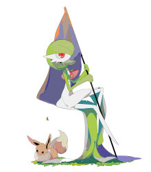 Rule 34 | 1girl, apios, black eyes, blank eyes, bob cut, closed mouth, colored skin, creatures (company), dot mouth, eevee, female focus, flag, flagpole, flat chest, flower, from side, full body, game freak, gardevoir, gen 1 pokemon, gen 3 pokemon, grass, green hair, green skin, hair over one eye, hands up, highres, holding, holding flag, invisible chair, knee up, looking up, multicolored skin, nintendo, outdoors, pokemon, pokemon (creature), red eyes, red flower, short hair, simple background, sitting, two-tone skin, white background, white skin