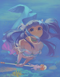 Rule 34 | 1girl, artist name, bare shoulders, bikini, bikini top only, blue bikini, breasts, choker, cleavage, closed mouth, commentary, detached sleeves, fish, floating hair, full body, gem, green choker, green ribbon, hair ornament, hair ribbon, holding, holding wand, jewelry, long hair, looking at viewer, lostastronaut, medium breasts, mermaid, monster girl, monsterification, necklace, official alternate costume, pearl (gemstone), pearl hair ornament, pearl necklace, purple eyes, purple hair, ribbon, see-through, see-through sleeves, short sleeves, shoujo kageki revue starlight, shoujo kageki revue starlight -re live-, sidelocks, signature, smile, solo, star (symbol), star hair ornament, strapless, strapless bikini, swimming, swimsuit, tsuyuzaki mahiru, two side up, underwater, wand, white ribbon, wrist ribbon