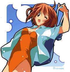 Rule 34 | 00s, 1girl, blush stickers, breasts, casual one-piece swimsuit, cleavage, dutch angle, kantoku, komaki manaka, one-piece swimsuit, one eye closed, open clothes, open shirt, orange hair, orange one-piece swimsuit, sack, shirt, smile, solo, swimsuit, to heart (series), to heart 2, wink
