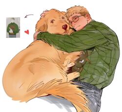 Rule 34 | 1boy, affectionate, animal, animal hug, bespectacled, blonde hair, blue octopus12, collared shirt, cropped legs, dog, dungeon meshi, glasses, heart, laios touden, male focus, official alternate costume, print shirt, reference inset, shirt, solo, thick eyebrows, yellow eyes