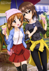 Rule 34 | 10s, 2girls, :d, absurdres, beanie, brown eyes, brown hair, casual, clothes around waist, crepe, food, girls und panzer, glasses, hat, highres, jacket, jacket around waist, megami magazine, multiple girls, nishizumi maho, nishizumi miho, non-web source, official art, open mouth, short hair, siblings, sisters, smile, thighhighs, yoshida nobuyoshi