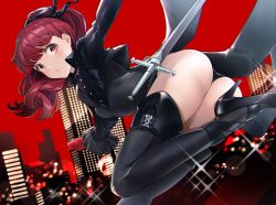 Rule 34 | 1girl, arm up, ass, bad id, bad pixiv id, black footwear, black jacket, black leotard, black ribbon, black thighhighs, blush, building, chain, city, commentary, cropped jacket, dutch angle, frilled sleeves, frills, from behind, gloves, hair ribbon, high heels, ika, jacket, leaning forward, leg up, leotard, long hair, looking at viewer, looking back, parted lips, persona, persona 5, persona 5 the royal, ponytail, red eyes, red gloves, red hair, ribbon, smile, solo, sparkle, standing, standing on one leg, sword, thighhighs, weapon, yoshizawa kasumi