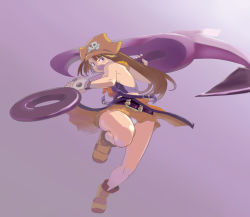 Rule 34 | 1girl, alternate costume, anchor, ankle boots, bare legs, boots, breasts, brown eyes, brown hair, clothes around waist, fingerless gloves, full body, gloves, gradient background, guilty gear, hat, highres, huge weapon, incoming attack, long hair, maruri, may (guilty gear), miniskirt, orange hat, pirate hat, skirt, skull and crossbones, sleeveless, small breasts, solo, upskirt, weapon, white legwear