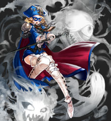 Rule 34 | 1girl, ahriman, armor, bicorne, blonde hair, blue cape, blue headwear, blue mage, blue shorts, bomb (final fantasy), boots, brown eyes, cane, cape, domino mask, final fantasy, final fantasy xiv, garter straps, gloves, grey background, hat, highres, holding, holding cane, hyur, hyuu (sing-dog), long sleeves, mask, necktie, open mouth, sabotender, short hair, shorts, shoulder armor, teeth, thigh boots, thighhighs, white footwear, white gloves, zettai ryouiki