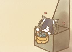 Rule 34 | 1girl, :3, august von parseval (azur lane), azur lane, black hair, box, candy, candy cane, chibi, curled horns, food, hair over one eye, halloween, halloween bucket, horns, in box, in container, koti, long hair, mechanical horns, solo