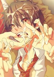 Rule 34 | 1boy, brown hair, cum, cum in mouth, facial, finger in another&#039;s mouth, high speed!, kirishima natsuya, looking at viewer, male focus, memeo (candy house), necktie, red eyes, short hair, undressing, v, yaoi, yellow eyes