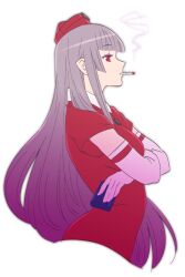 Rule 34 | 1girl, arched back, blunt bangs, breasts, cigarette, cigarette pack, crossed arms, dress, elbow gloves, from side, gloves, gradient hair, grey hair, half-closed eyes, hat, holding, holding cigarette pack, indie virtual youtuber, large breasts, long hair, looking ahead, magari (c0rn3r), multicolored hair, nurse cap, profile, purple hair, red dress, red eyes, rokudou mei, short sleeves, smoke trail, smoking, solo, upper body, virtual youtuber, white background, white gloves