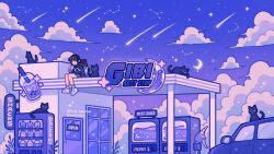 Rule 34 | 1girl, black cat, black fur, black jacket, blue sky, brown hair, bubble tea, car, cat, closed eyes, cloud, colored inner hair, commission, constellation, crescent moon, cup, disposable cup, drink, emily kim, gas station, gibi (youtuber), headphones, highres, holding, holding drink, jacket, liquid, moon, motor vehicle, multicolored hair, pleated skirt, purple car, purple clouds, purple sky, purple theme, real life, shoes, shooting star, skirt, sky, sneakers, socks, sparkle, sweater, twitter username, two-tone hair, vending machine, white footwear, white socks, wide shot