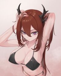 Rule 34 | 1girl, absurdres, arknights, armpits, arms up, bare arms, bare shoulders, bikini, black bikini, black ribbon, breasts, closed mouth, collarbone, from above, gradient background, hair between eyes, hands in hair, highres, horns, large breasts, long hair, looking at viewer, looking up, mildt, pink background, purple eyes, red hair, ribbon, side-tie bikini bottom, solo, surtr (arknights), swimsuit, upper body, v-shaped eyebrows, very long hair